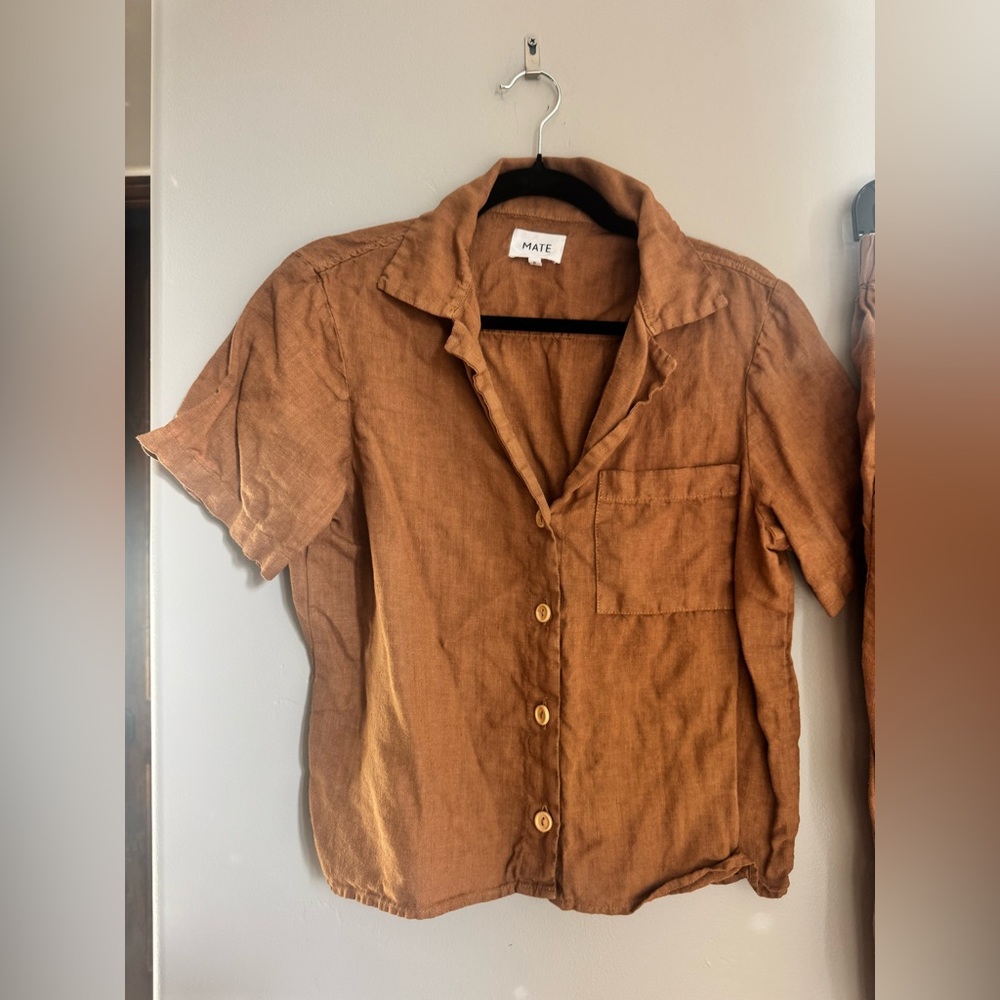 MATE the Label Rust Brown Linen Track Pants & Short Sleeve Button Shirt Set - Picture 2 of 6
